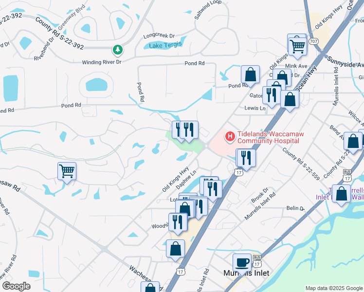 map of restaurants, bars, coffee shops, grocery stores, and more near 911 Riverwood Drive in Murrells Inlet