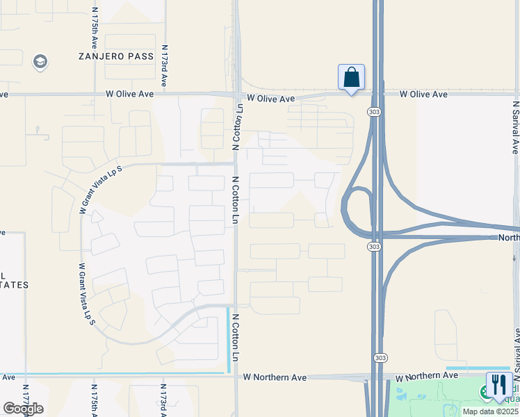 map of restaurants, bars, coffee shops, grocery stores, and more near 8601 North Cotton Lane in Waddell