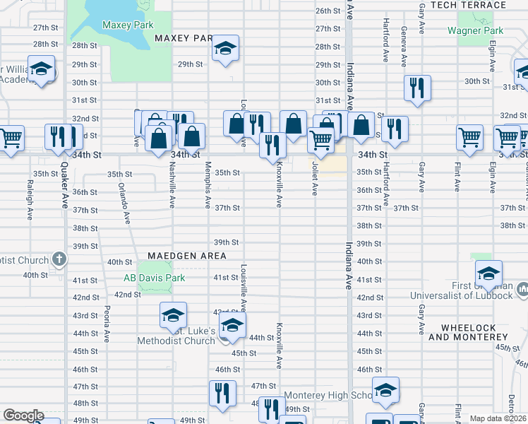 map of restaurants, bars, coffee shops, grocery stores, and more near 3607 37th Street in Lubbock