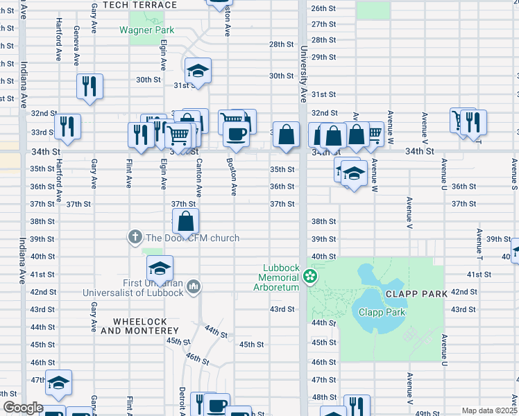 map of restaurants, bars, coffee shops, grocery stores, and more near 2605 37th Street in Lubbock