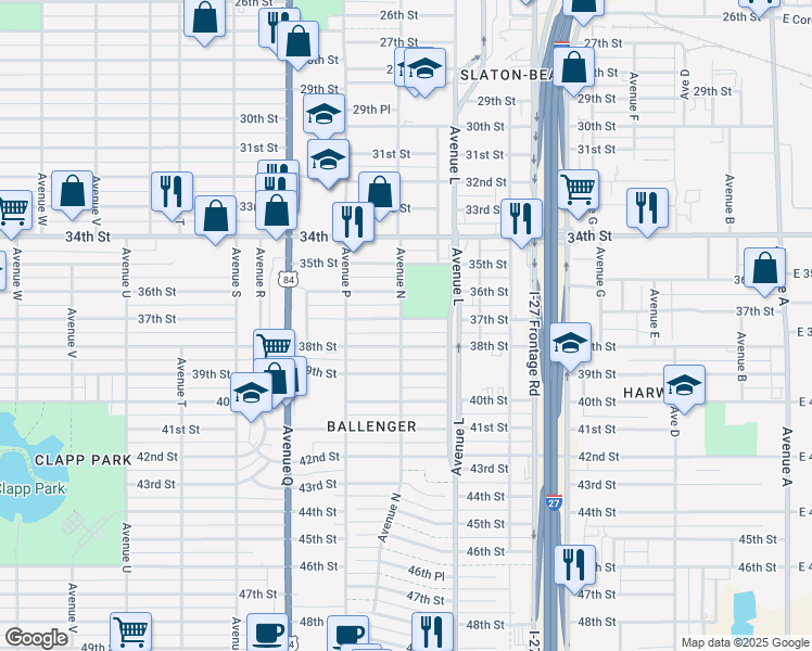 map of restaurants, bars, coffee shops, grocery stores, and more near 1300-1448 37th Street in Lubbock
