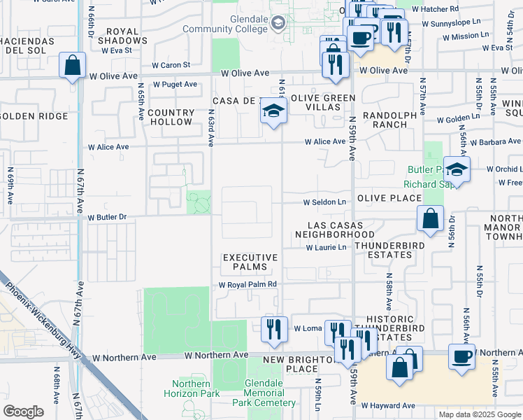 map of restaurants, bars, coffee shops, grocery stores, and more near 6162 West Freeway Lane in Glendale