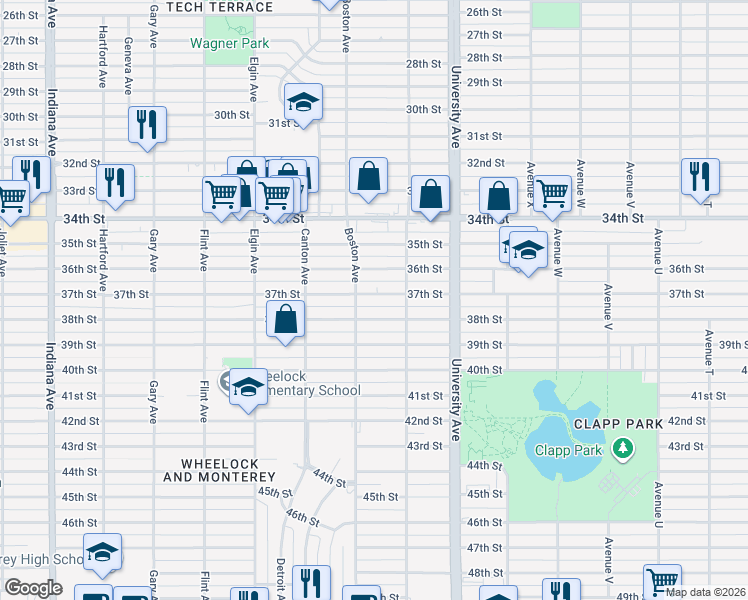 map of restaurants, bars, coffee shops, grocery stores, and more near 2613 37th Street in Lubbock