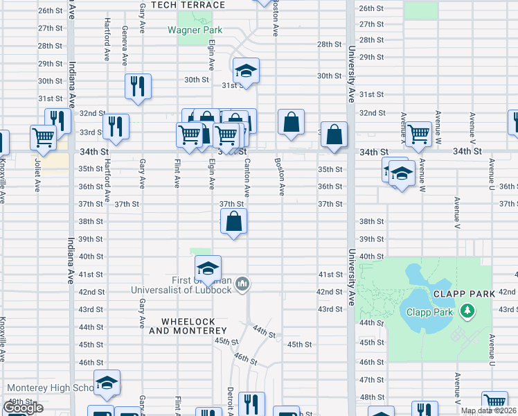 map of restaurants, bars, coffee shops, grocery stores, and more near 2713 37th Street in Lubbock