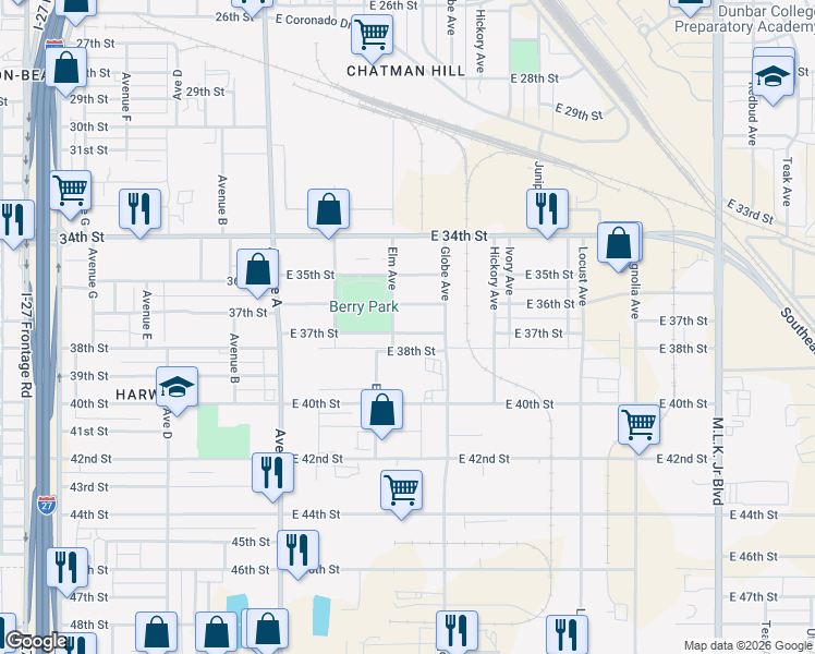 map of restaurants, bars, coffee shops, grocery stores, and more near 508 East 36th Street in Lubbock