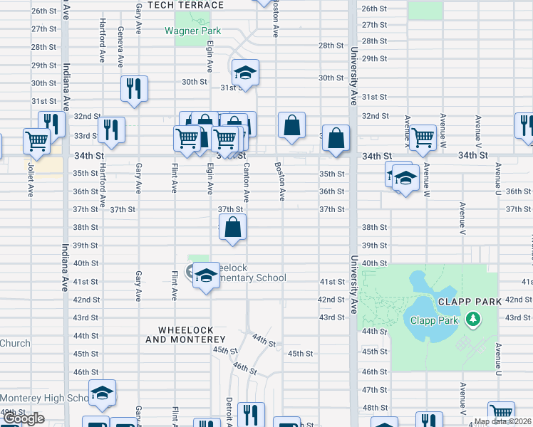 map of restaurants, bars, coffee shops, grocery stores, and more near 2707 37th Street in Lubbock