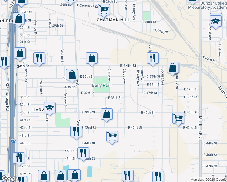 map of restaurants, bars, coffee shops, grocery stores, and more near 508 East 36th Street in Lubbock