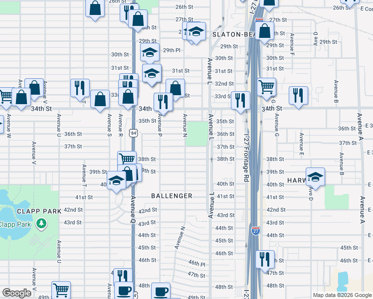 map of restaurants, bars, coffee shops, grocery stores, and more near 1506 37th St in Lubbock