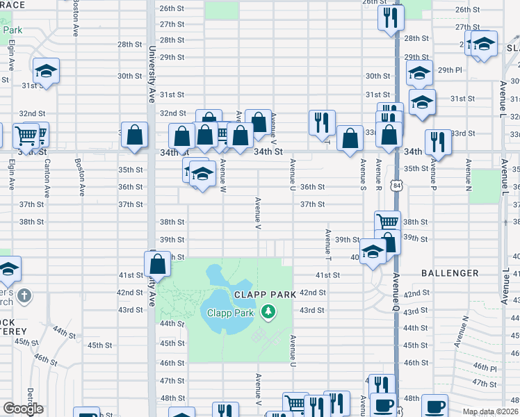 map of restaurants, bars, coffee shops, grocery stores, and more near 2115 36th Street in Lubbock