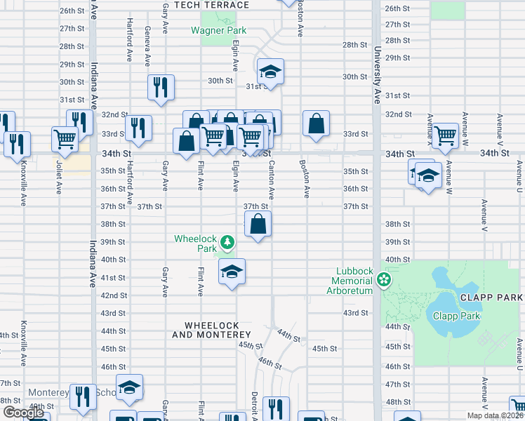 map of restaurants, bars, coffee shops, grocery stores, and more near 2802 37th Street in Lubbock