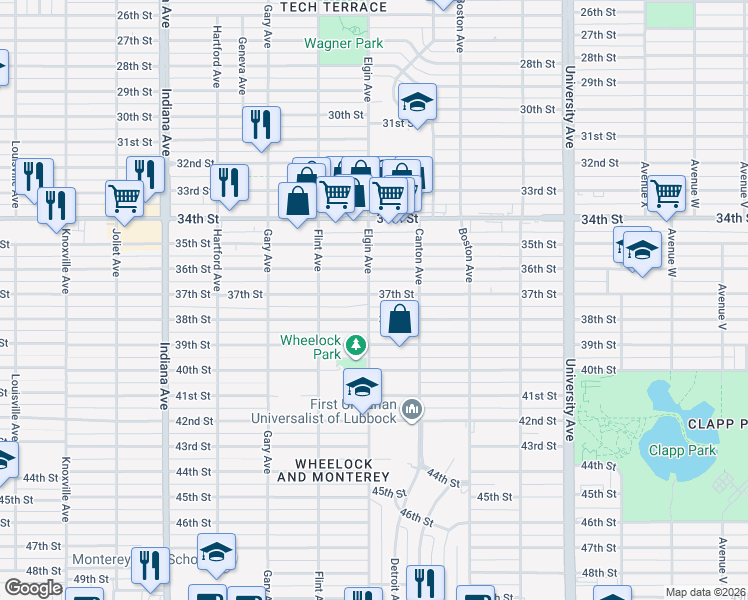 map of restaurants, bars, coffee shops, grocery stores, and more near 2816 37th Street in Lubbock