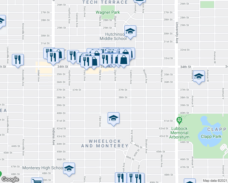 map of restaurants, bars, coffee shops, grocery stores, and more near 3008 37th Street in Lubbock