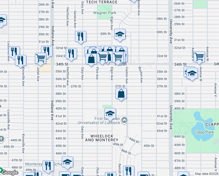 map of restaurants, bars, coffee shops, grocery stores, and more near 3008 37th Street in Lubbock