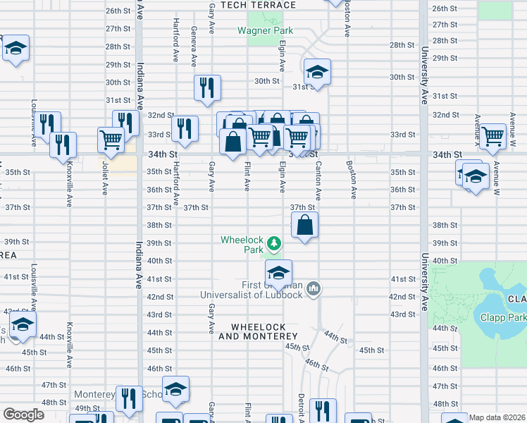 map of restaurants, bars, coffee shops, grocery stores, and more near 3008 37th Street in Lubbock
