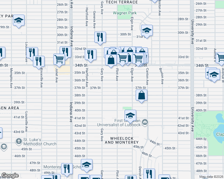 map of restaurants, bars, coffee shops, grocery stores, and more near 3102 37th Street in Lubbock