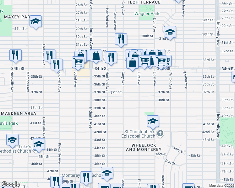 map of restaurants, bars, coffee shops, grocery stores, and more near 3210 37th Street in Lubbock