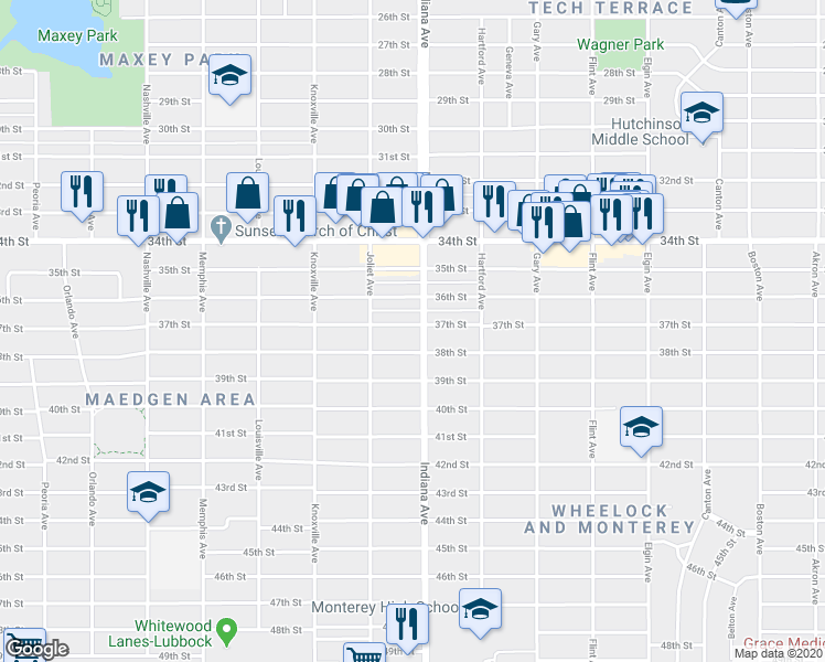 map of restaurants, bars, coffee shops, grocery stores, and more near 3410 37th Street in Lubbock