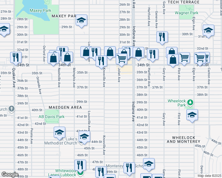 map of restaurants, bars, coffee shops, grocery stores, and more near 3502 37th Street in Lubbock