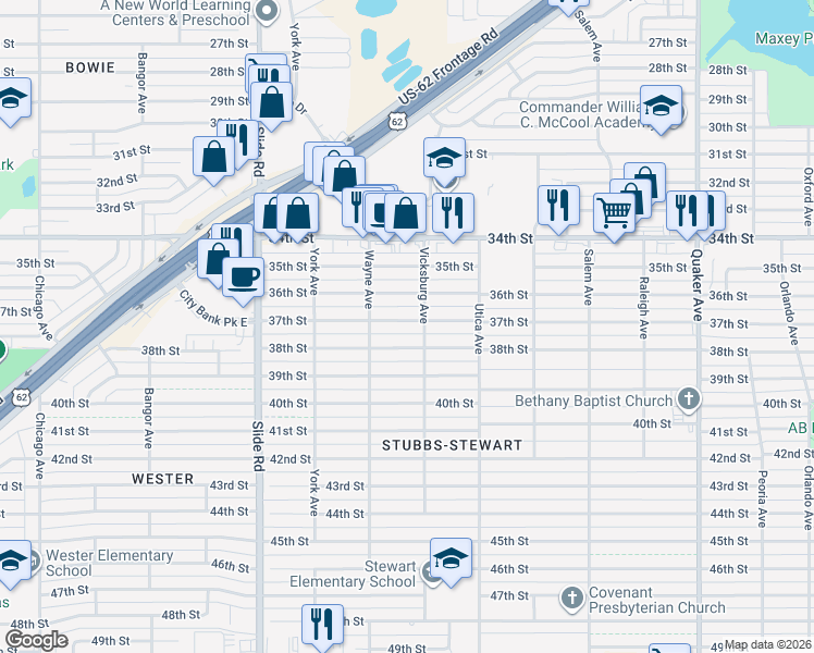 map of restaurants, bars, coffee shops, grocery stores, and more near 4902 37th Street in Lubbock