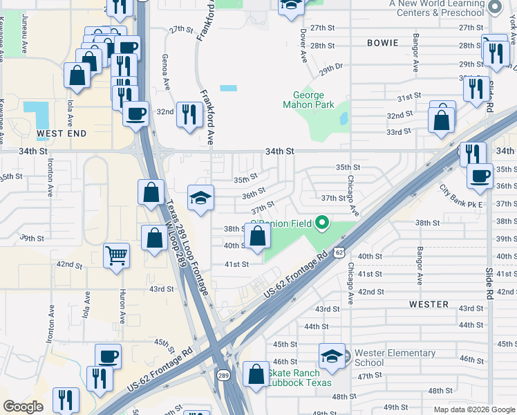 map of restaurants, bars, coffee shops, grocery stores, and more near 5723 36th Street in Lubbock