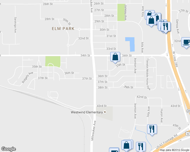 map of restaurants, bars, coffee shops, grocery stores, and more near 3599 Milwaukee Avenue in Lubbock