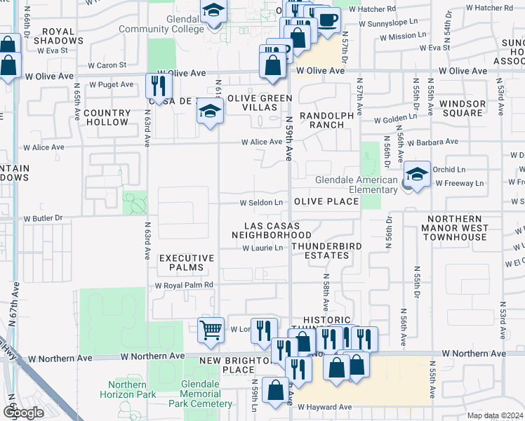 map of restaurants, bars, coffee shops, grocery stores, and more near 5936 West Seldon Lane in Glendale