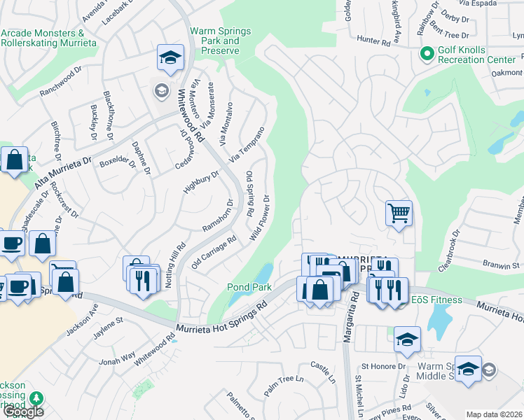 map of restaurants, bars, coffee shops, grocery stores, and more near 39661 Old Spring Road in Murrieta