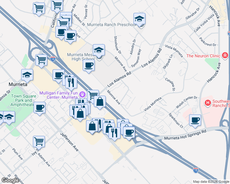 map of restaurants, bars, coffee shops, grocery stores, and more near 40920 Los Alamos Road in Murrieta