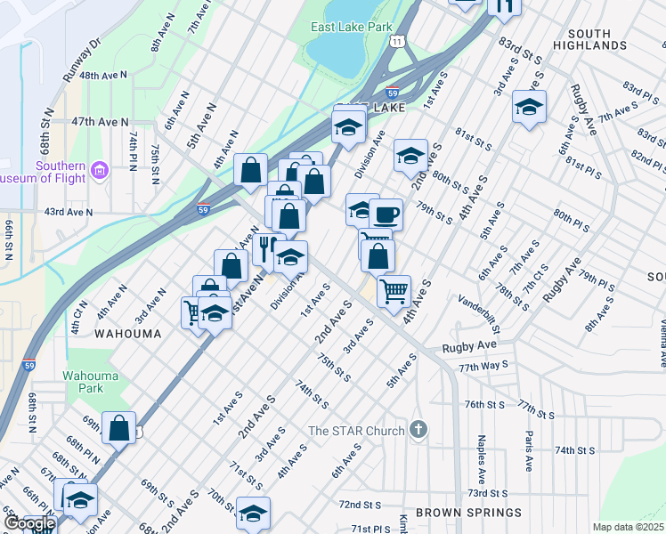 map of restaurants, bars, coffee shops, grocery stores, and more near 7719 Division Avenue in Birmingham
