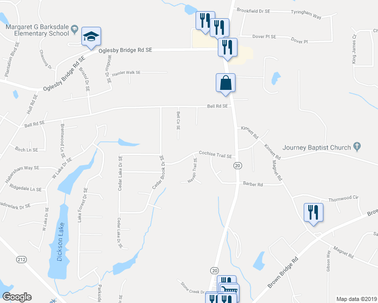 map of restaurants, bars, coffee shops, grocery stores, and more near 858 Cochise Trail Southeast in Conyers