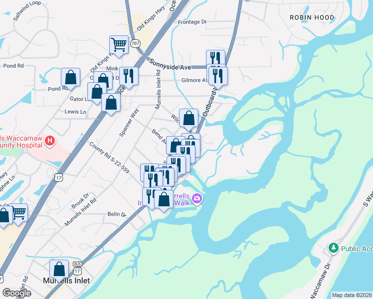 map of restaurants, bars, coffee shops, grocery stores, and more near 3930 U.S. 17 Business in Murrells Inlet
