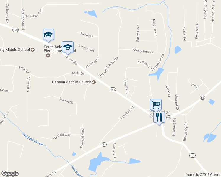 map of restaurants, bars, coffee shops, grocery stores, and more near 65 Tanyard Road in Covington