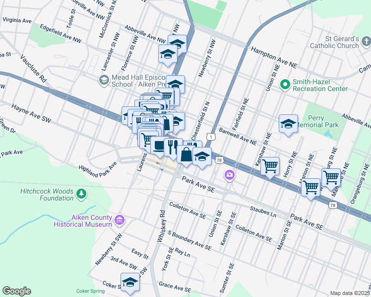 map of restaurants, bars, coffee shops, grocery stores, and more near in Aiken