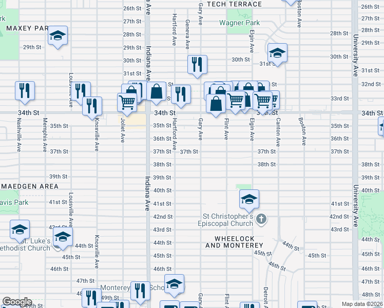 map of restaurants, bars, coffee shops, grocery stores, and more near 3210 37th Street in Lubbock