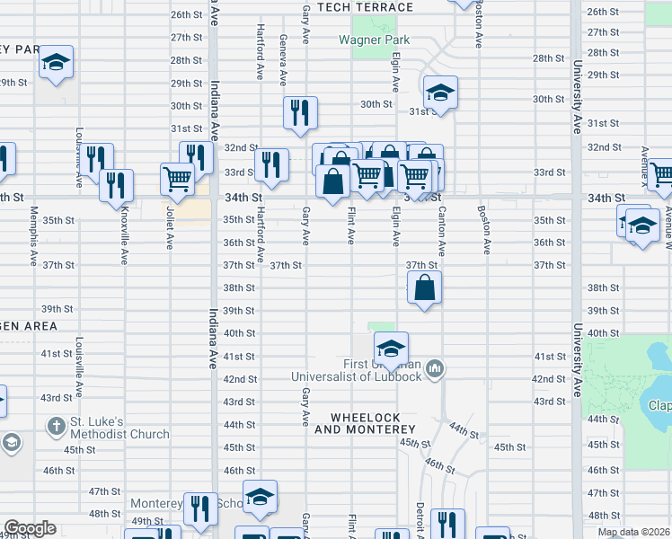 map of restaurants, bars, coffee shops, grocery stores, and more near 3102 37th Street in Lubbock