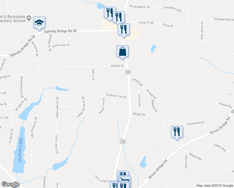 map of restaurants, bars, coffee shops, grocery stores, and more near 922 Cochise Trail Southeast in Conyers