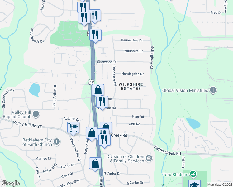 map of restaurants, bars, coffee shops, grocery stores, and more near 723 South Nottingham Road in Jonesboro