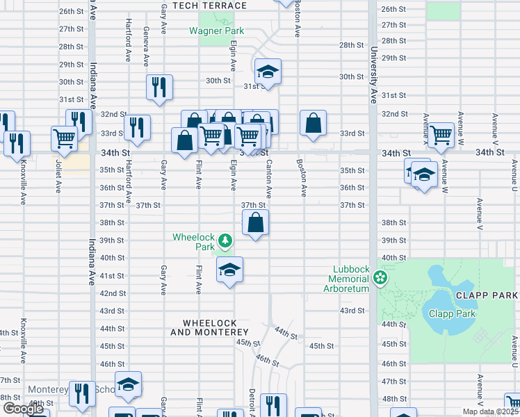 map of restaurants, bars, coffee shops, grocery stores, and more near 2802 37th Street in Lubbock