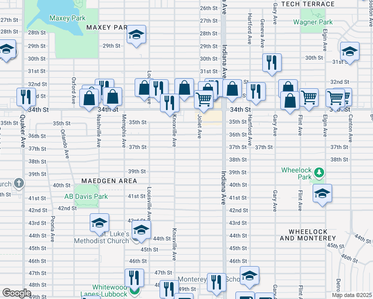 map of restaurants, bars, coffee shops, grocery stores, and more near 3502 37th Street in Lubbock