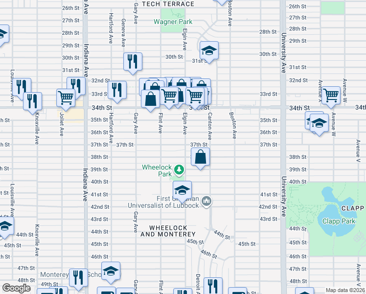 map of restaurants, bars, coffee shops, grocery stores, and more near 3008 37th Street in Lubbock