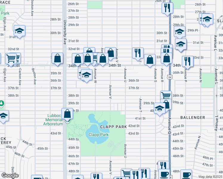 map of restaurants, bars, coffee shops, grocery stores, and more near 2115 36th Street in Lubbock