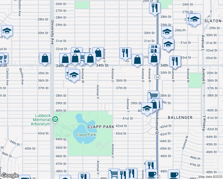 map of restaurants, bars, coffee shops, grocery stores, and more near 2102 37th Street in Lubbock