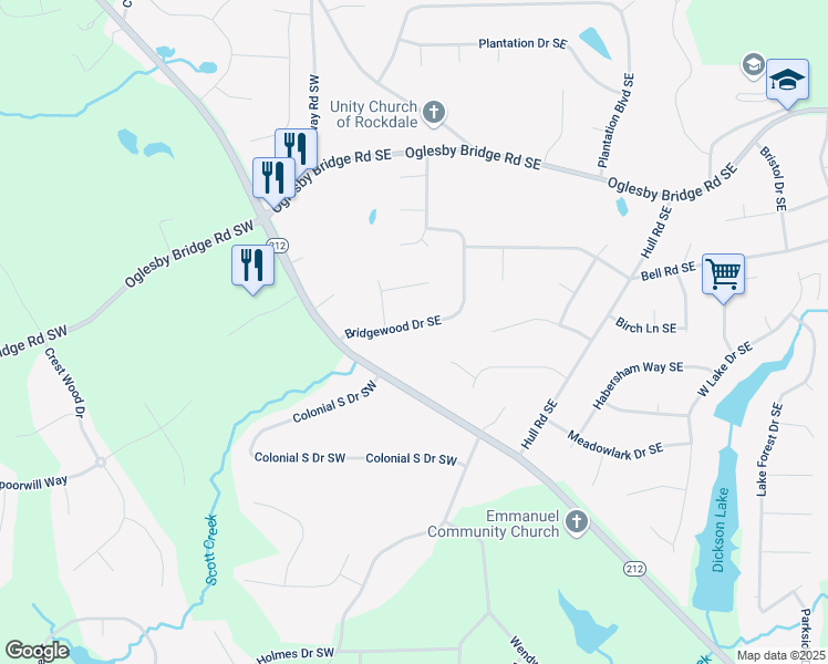 map of restaurants, bars, coffee shops, grocery stores, and more near 181 Bridgewood Drive Southeast in Conyers
