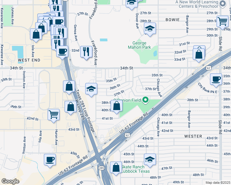 map of restaurants, bars, coffee shops, grocery stores, and more near 5722 37th Street in Lubbock
