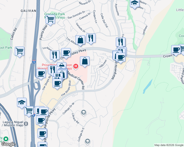 map of restaurants, bars, coffee shops, grocery stores, and more near 26848 Alexandrite in Mission Viejo