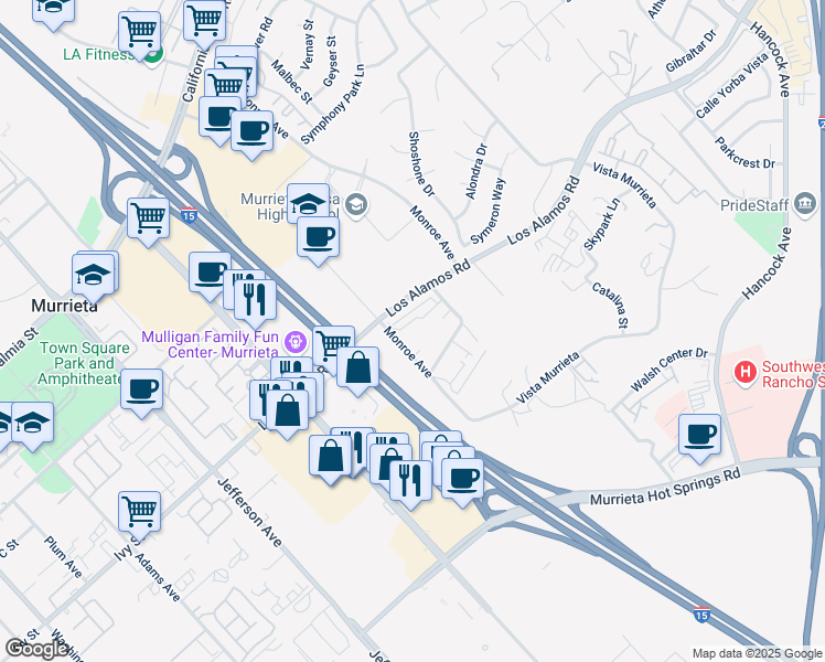 map of restaurants, bars, coffee shops, grocery stores, and more near 40920 Los Alamos Road in Murrieta