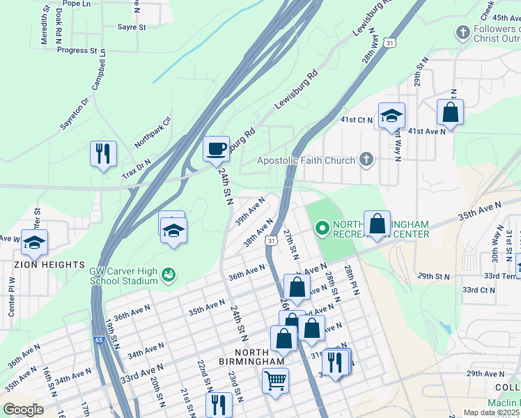 map of restaurants, bars, coffee shops, grocery stores, and more near 2462 39th Avenue North in Birmingham