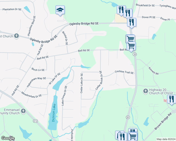 map of restaurants, bars, coffee shops, grocery stores, and more near 800 Cedar Lake Drive Southeast in Conyers