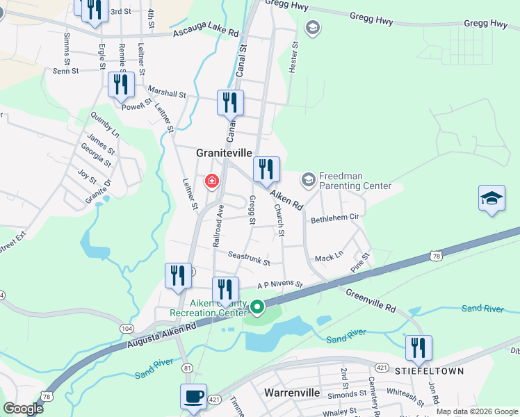 map of restaurants, bars, coffee shops, grocery stores, and more near 212 Aiken Road in Graniteville