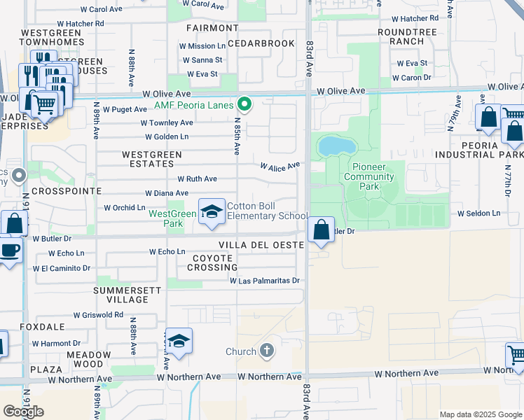 map of restaurants, bars, coffee shops, grocery stores, and more near 8415 West Orchid Lane in Peoria